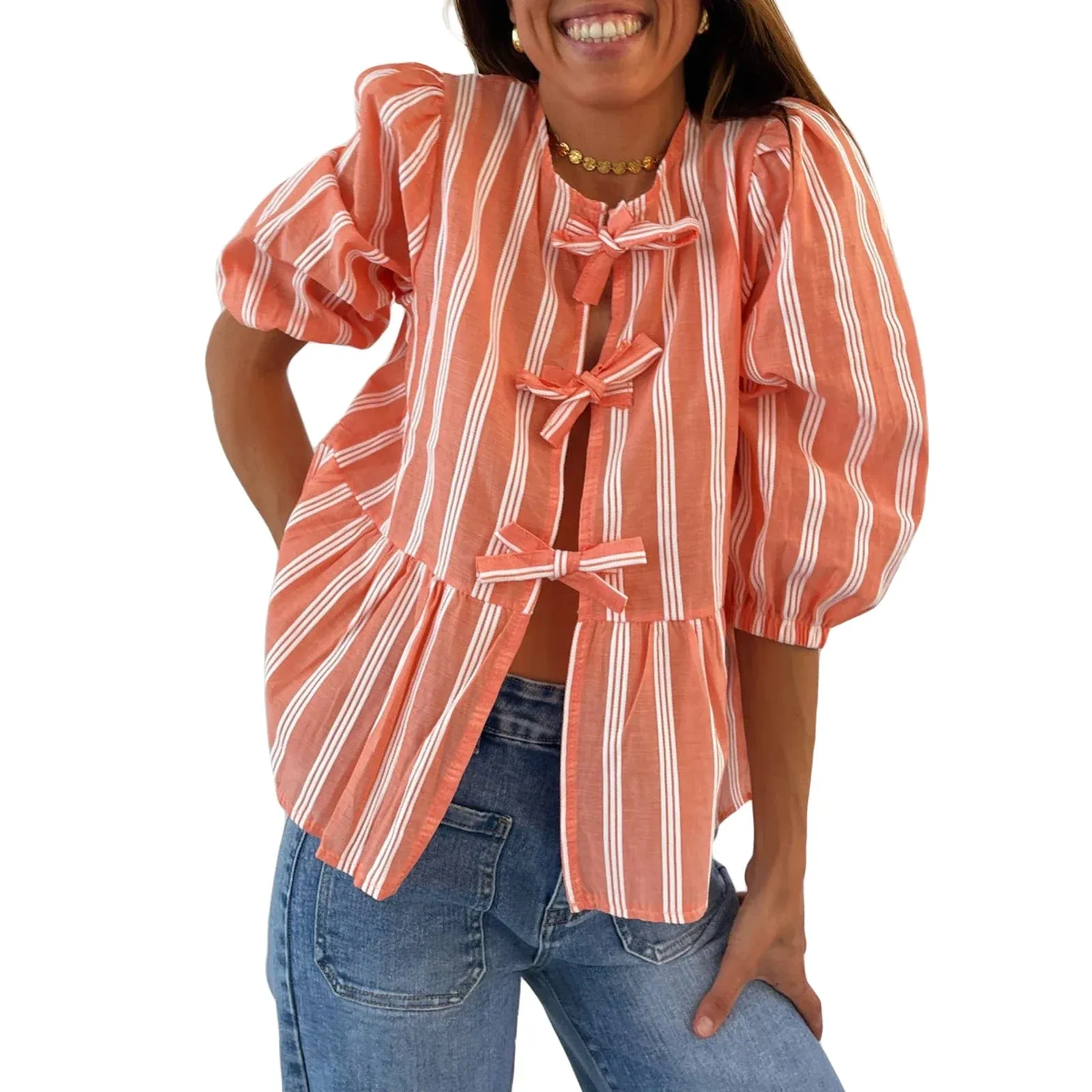 3/4 Sleeve Solid Color/Striped Retro Fashion Loose Tops Casual Blouse