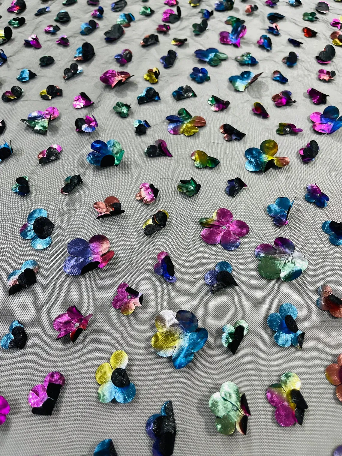 3D Holographic Rainbow Shapes Fabric - 3D Holographic Butterfly / Flower / Stars on Mesh By Yard