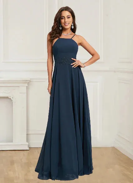 A Line Evening Dresses Open Back Halter With Appliques Chiffon