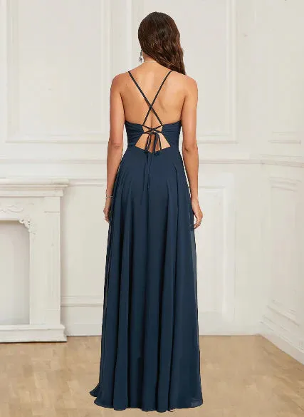 A Line Evening Dresses Open Back Halter With Appliques Chiffon