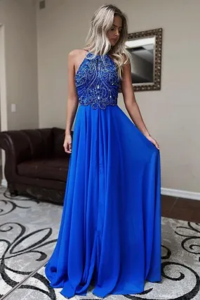 A Line Halter Chiffon Prom Dresses With Beads