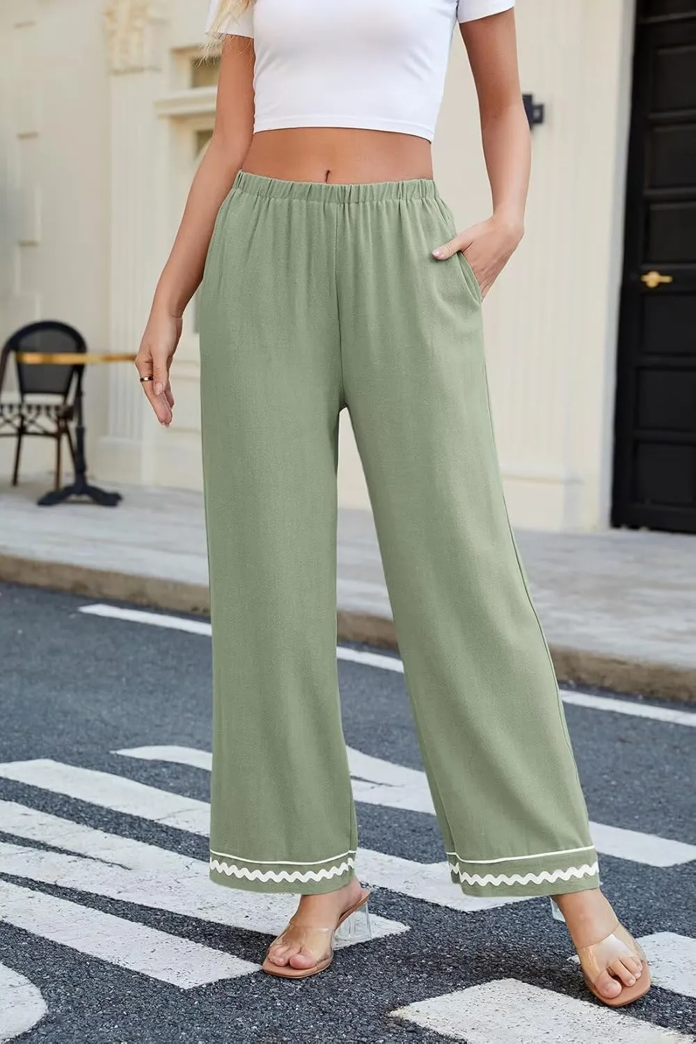 Allimy Women's Summer Casual Midi High Rise Flowy Wide Leg Linen Pants