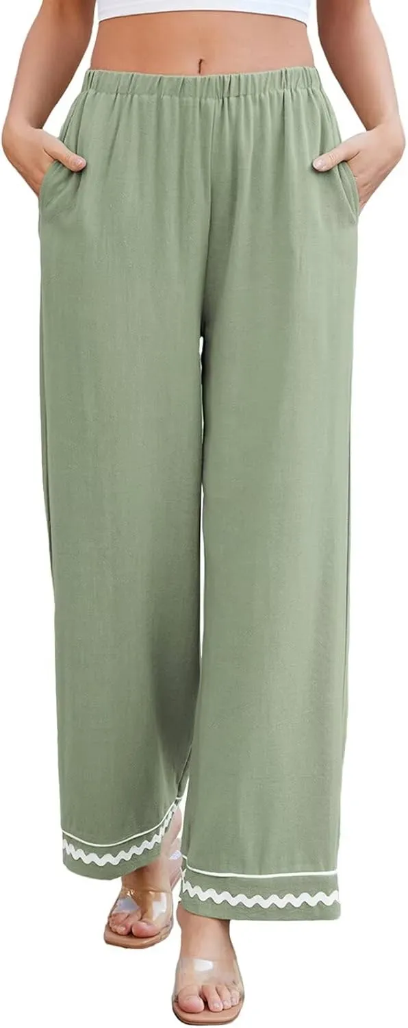 Allimy Women's Summer Casual Midi High Rise Flowy Wide Leg Linen Pants