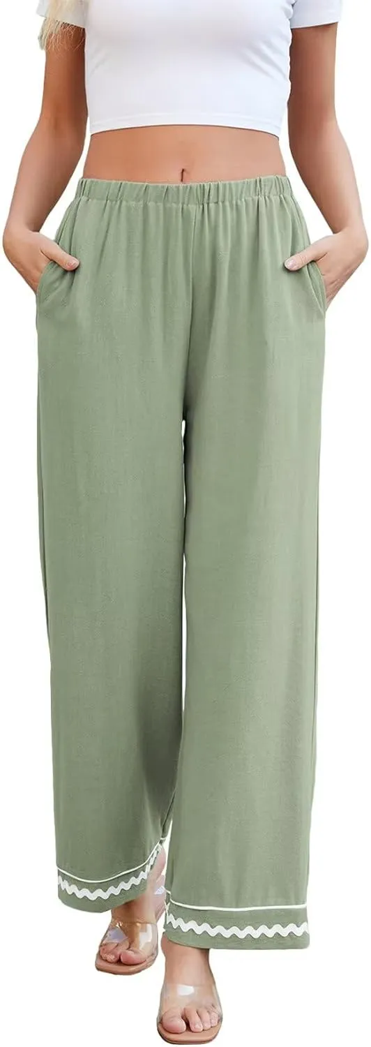 Allimy Women's Summer Casual Midi High Rise Flowy Wide Leg Linen Pants