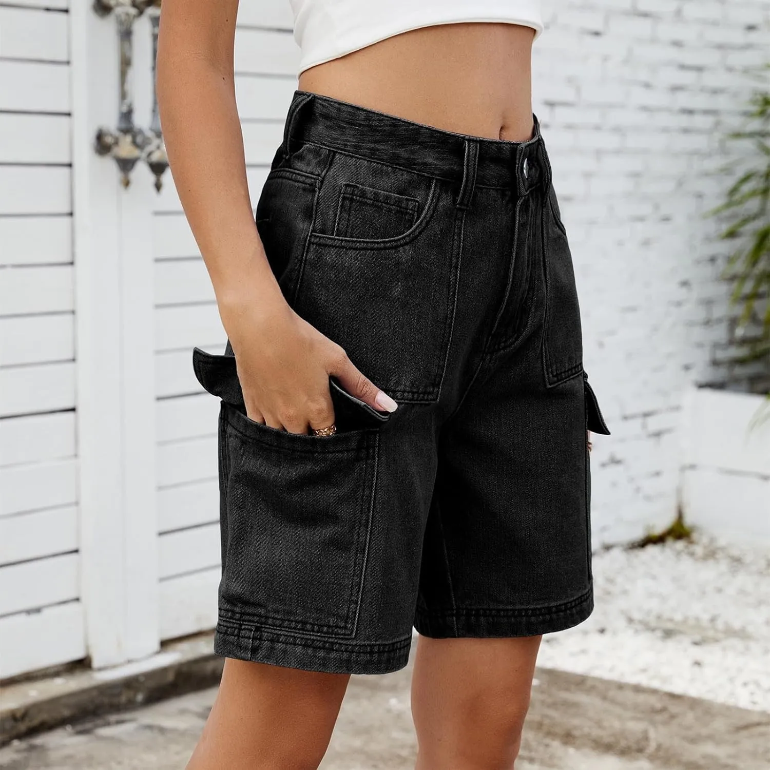Bermuda Jean Shorts for Women Cargo Style High Waisted Stretchy Loose Fit Trendy Casual Denim Short with Pockets