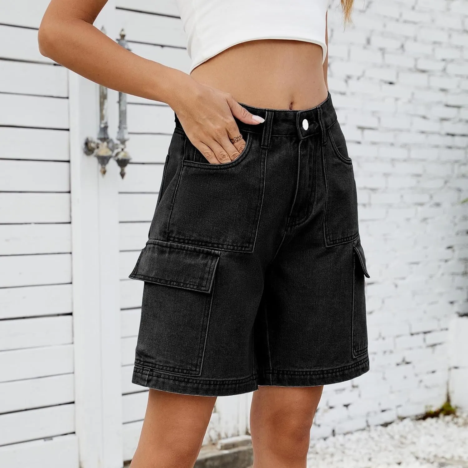 Bermuda Jean Shorts for Women Cargo Style High Waisted Stretchy Loose Fit Trendy Casual Denim Short with Pockets