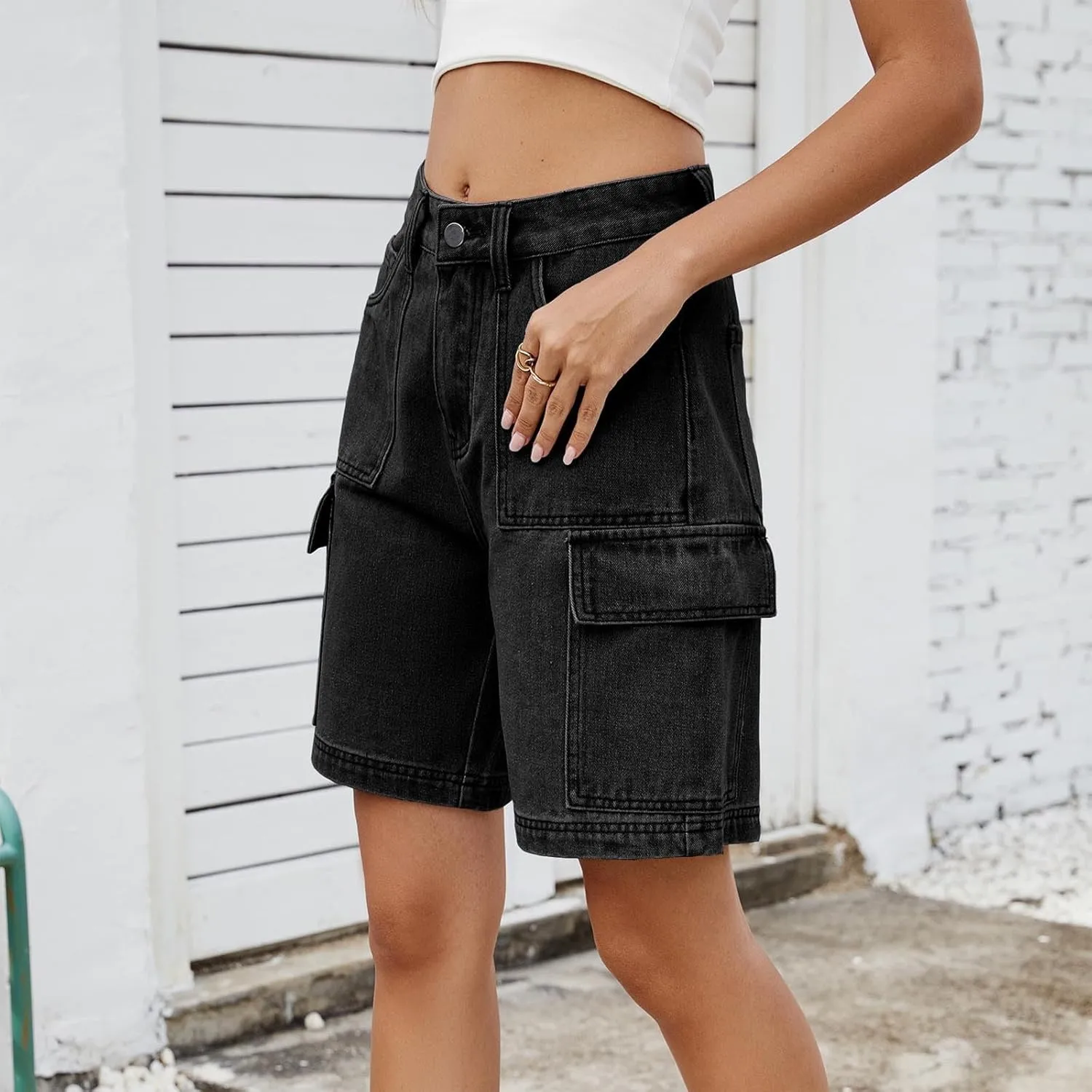 Bermuda Jean Shorts for Women Cargo Style High Waisted Stretchy Loose Fit Trendy Casual Denim Short with Pockets