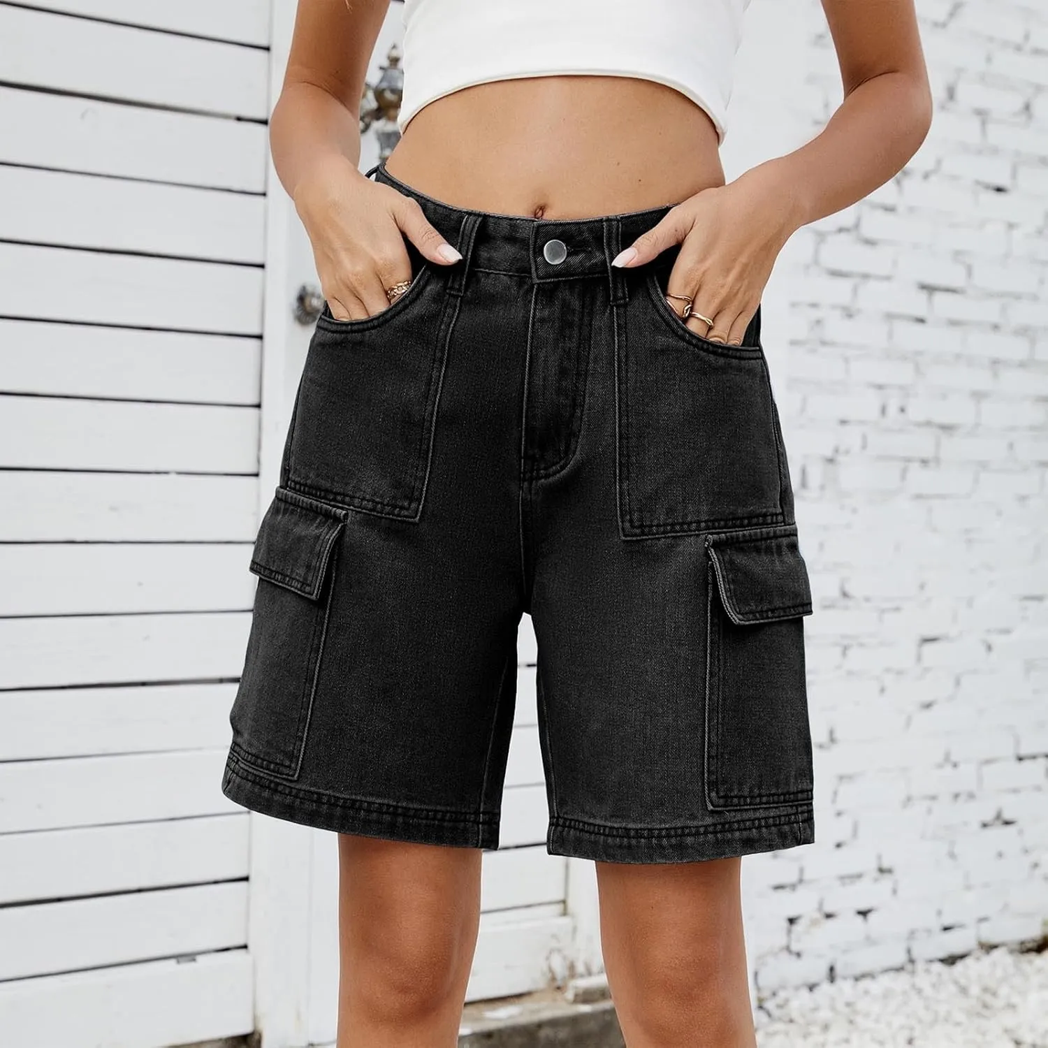 Bermuda Jean Shorts for Women Cargo Style High Waisted Stretchy Loose Fit Trendy Casual Denim Short with Pockets