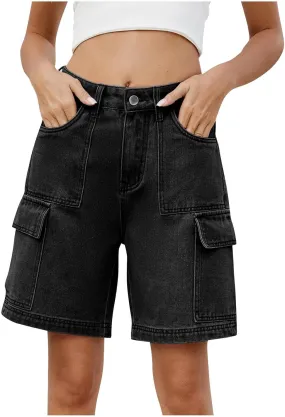 Bermuda Jean Shorts for Women Cargo Style High Waisted Stretchy Loose Fit Trendy Casual Denim Short with Pockets