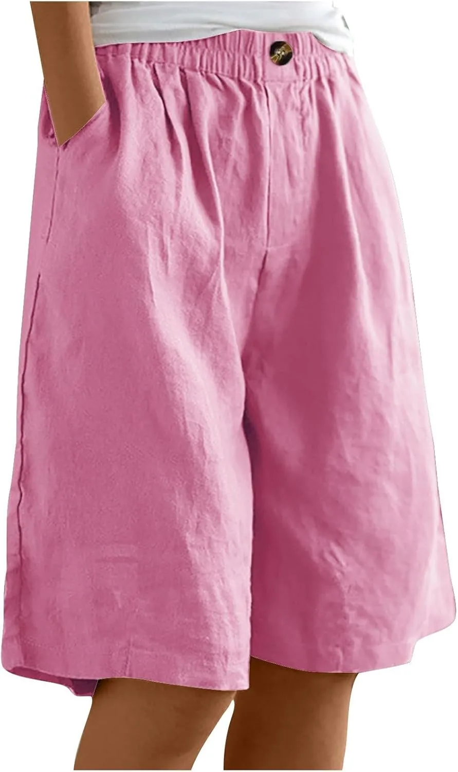 Bermuda Shorts for Women Knee Length Plus Size Linen Summer Long Shorts Casual Loose High Waisted Short with Pockets