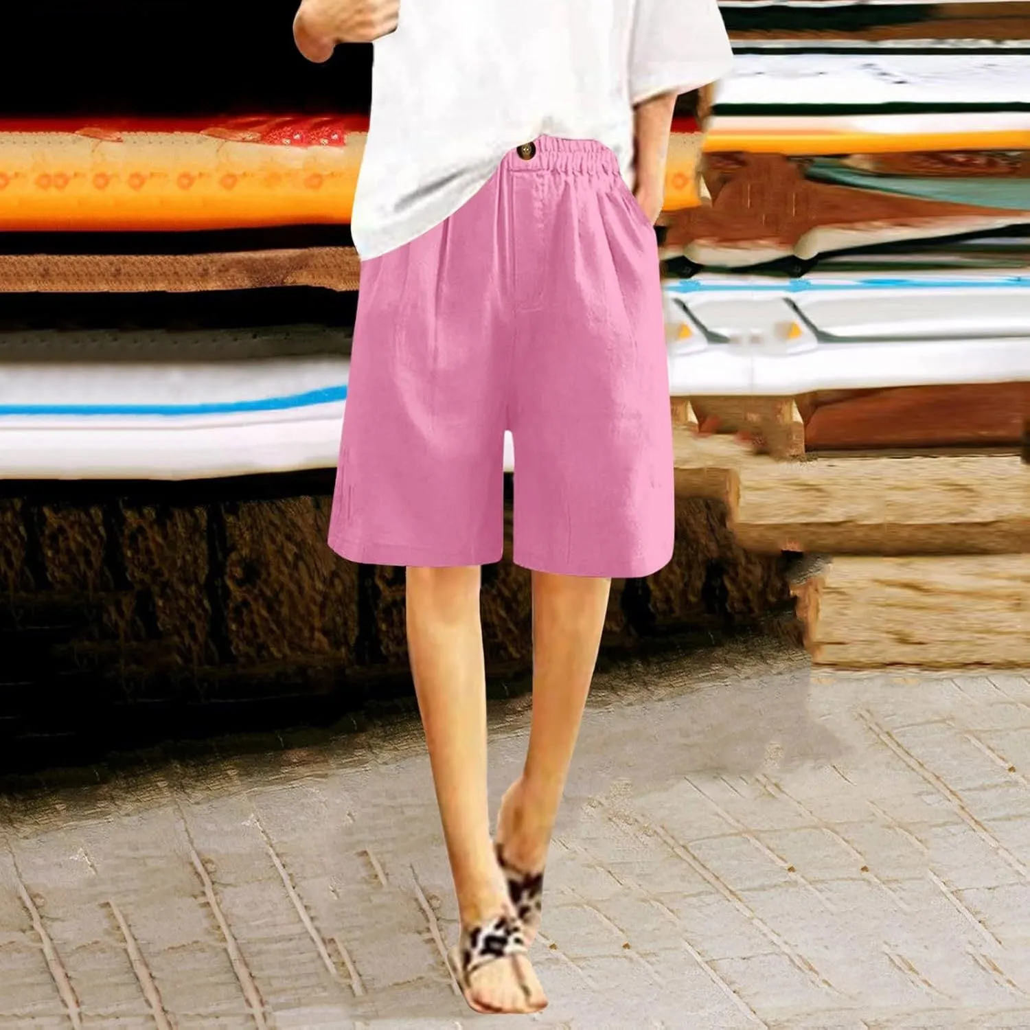 Bermuda Shorts for Women Knee Length Plus Size Linen Summer Long Shorts Casual Loose High Waisted Short with Pockets