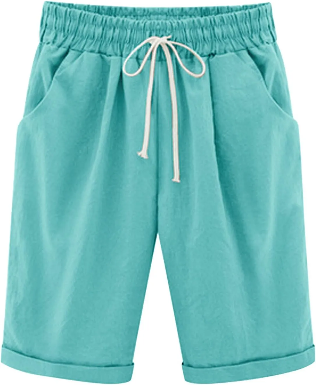 Bermuda Shorts for Women Knee Length Summer Casual Drawstring High Elastic Waist Beach Short with Pockets