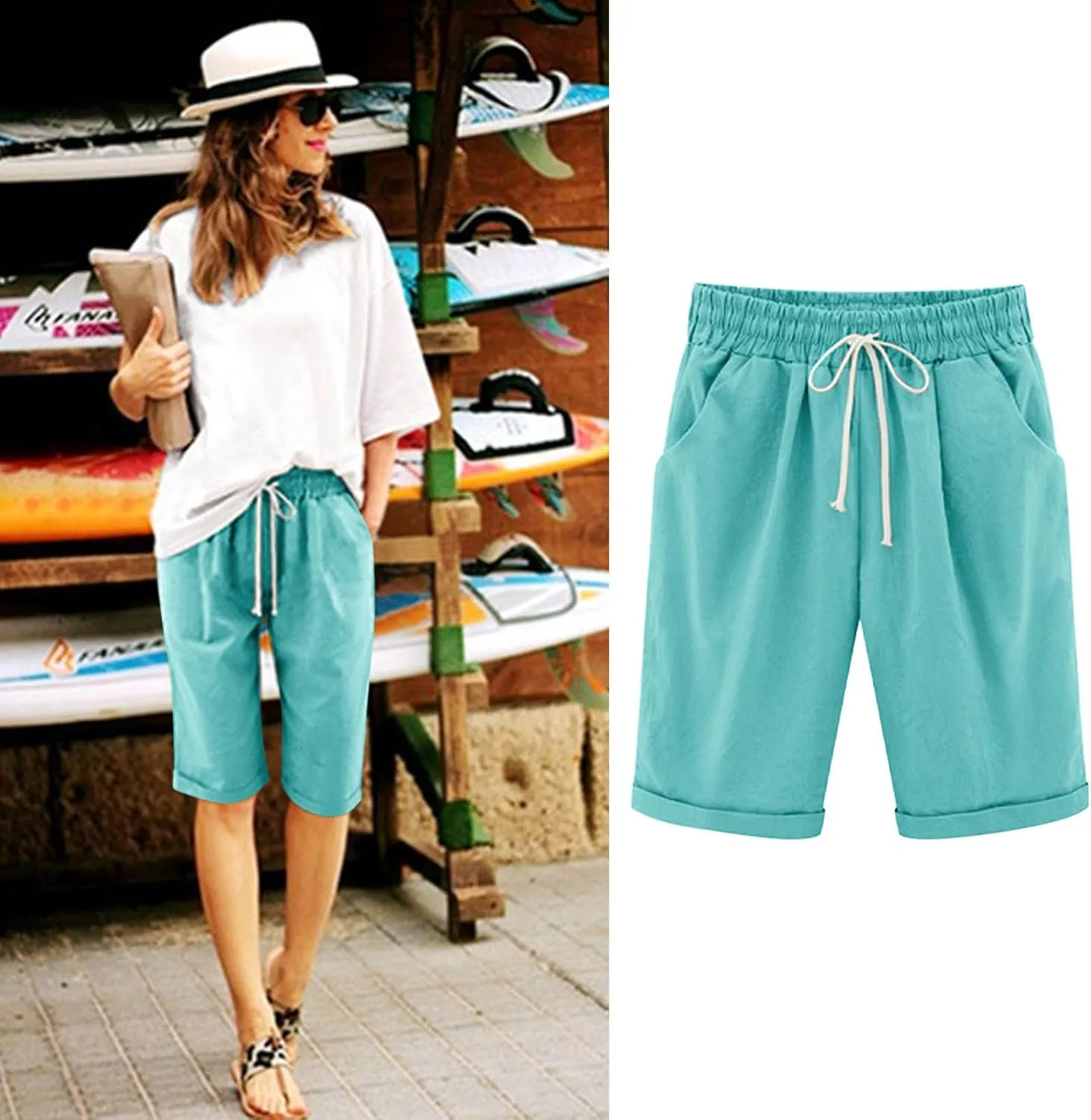 Bermuda Shorts for Women Knee Length Summer Casual Drawstring High Elastic Waist Beach Short with Pockets