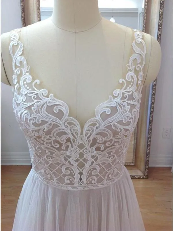 Boho Style White Tulle and Lace Wedding Dresses