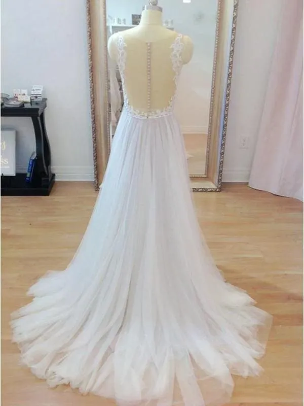 Boho Style White Tulle and Lace Wedding Dresses