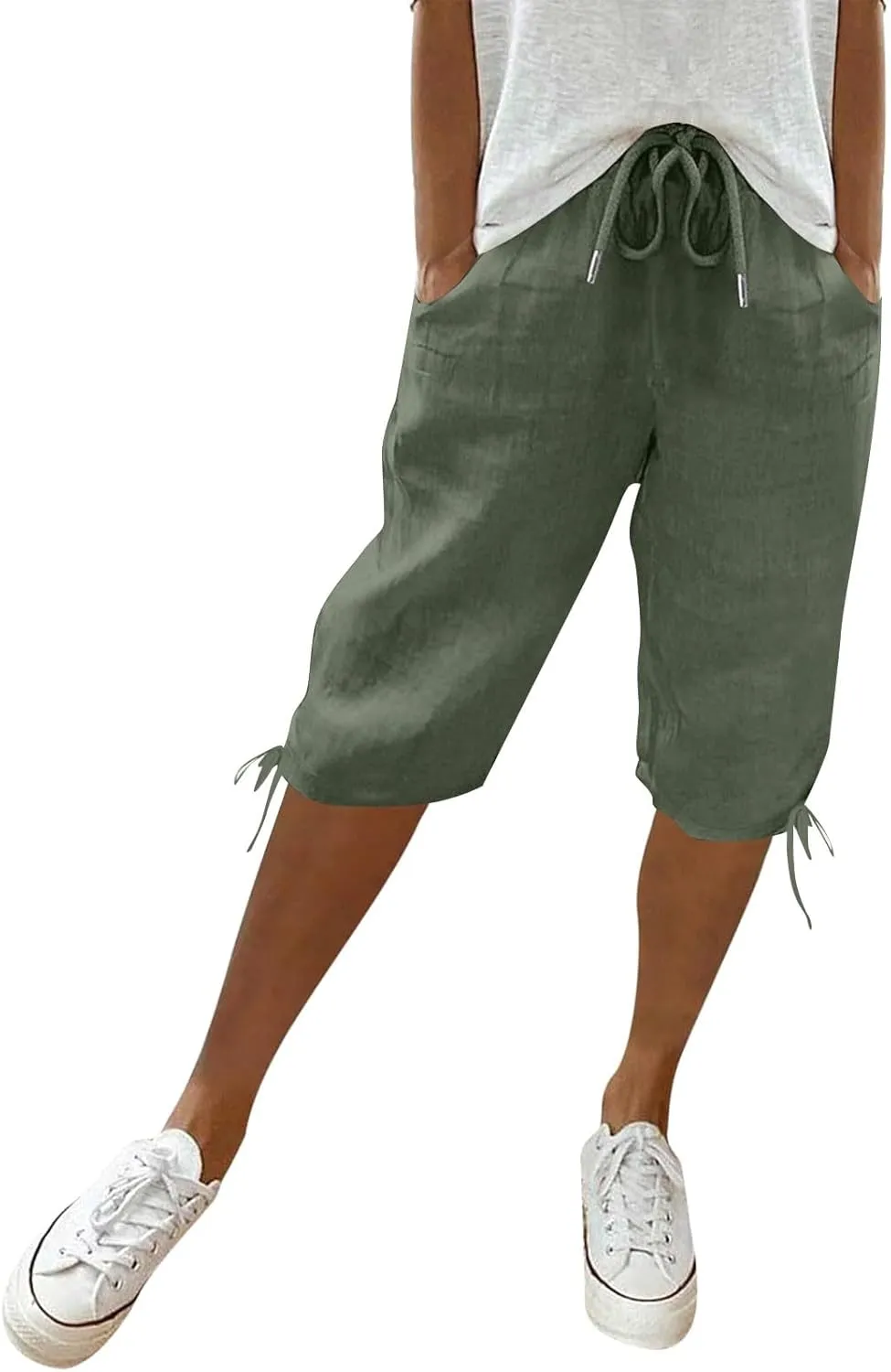 Capris Pants for Women 2025 Summer Cotton Linen Pant Lightweight High Waist Baggy Casual Cropped Trousers w/Pockets