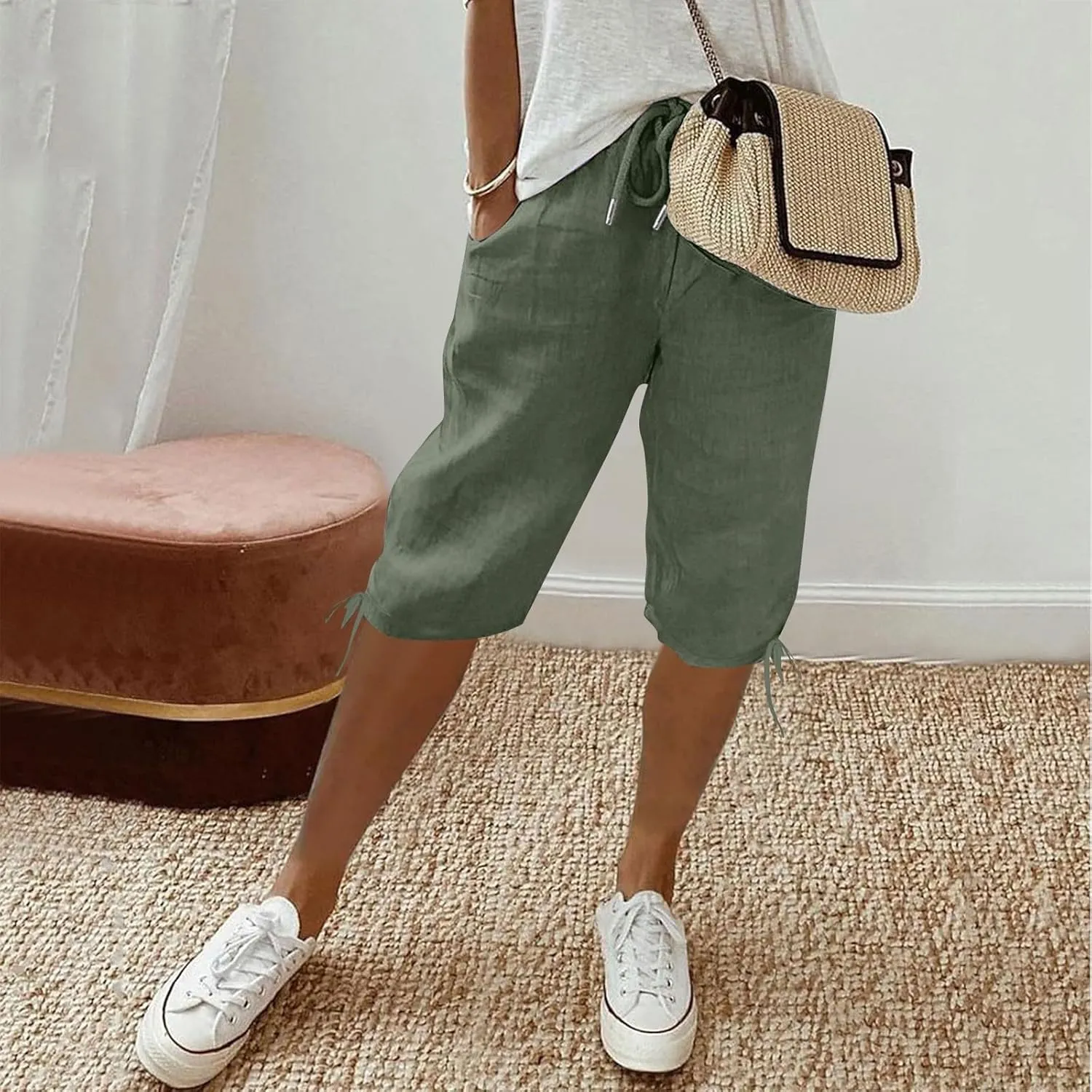 Capris Pants for Women 2025 Summer Cotton Linen Pant Lightweight High Waist Baggy Casual Cropped Trousers w/Pockets