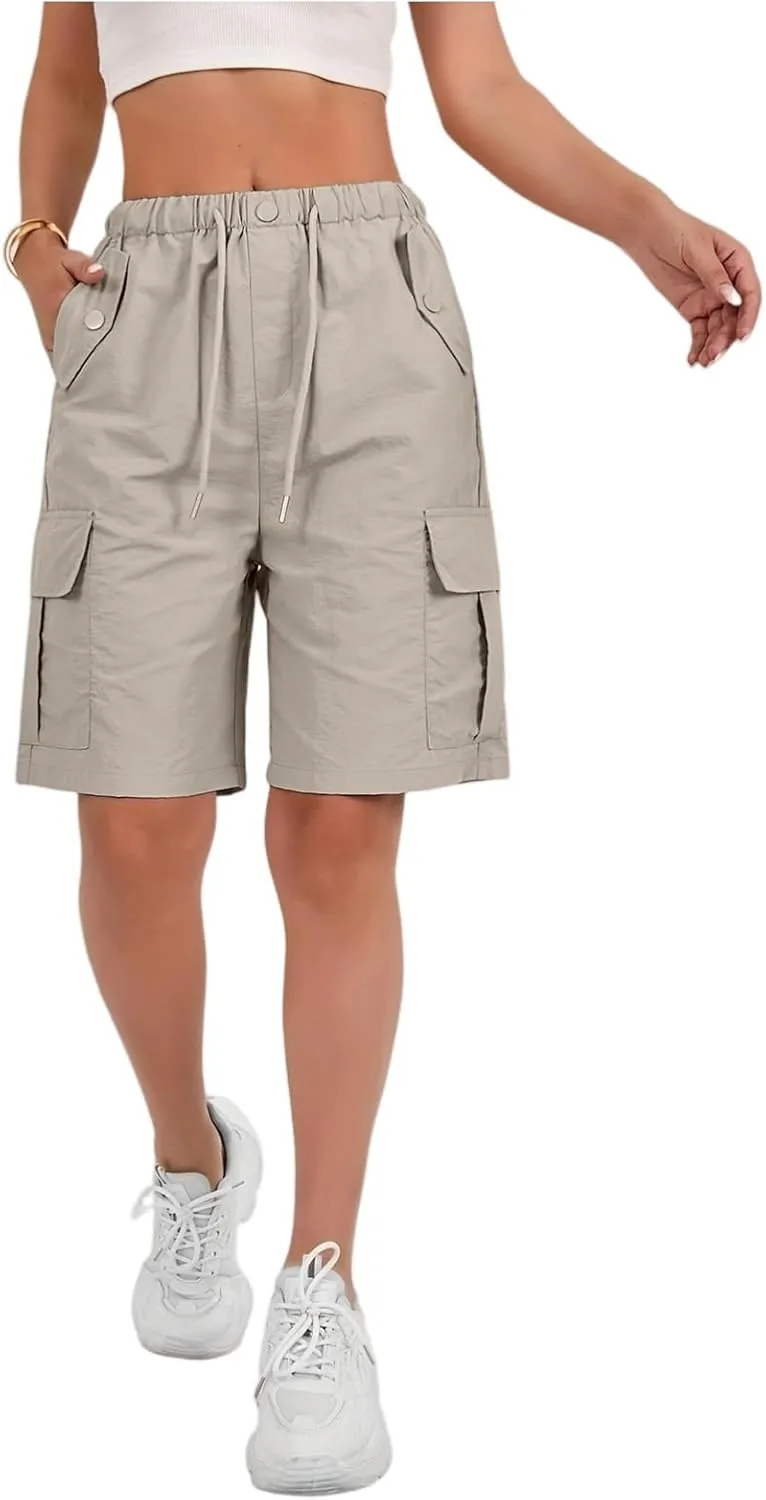 Cargo Shorts for Women Knee Length Elastic High Waisted Bermuda Shorts Casual Drawstring Quick Dry Hiking Short w/Pockets