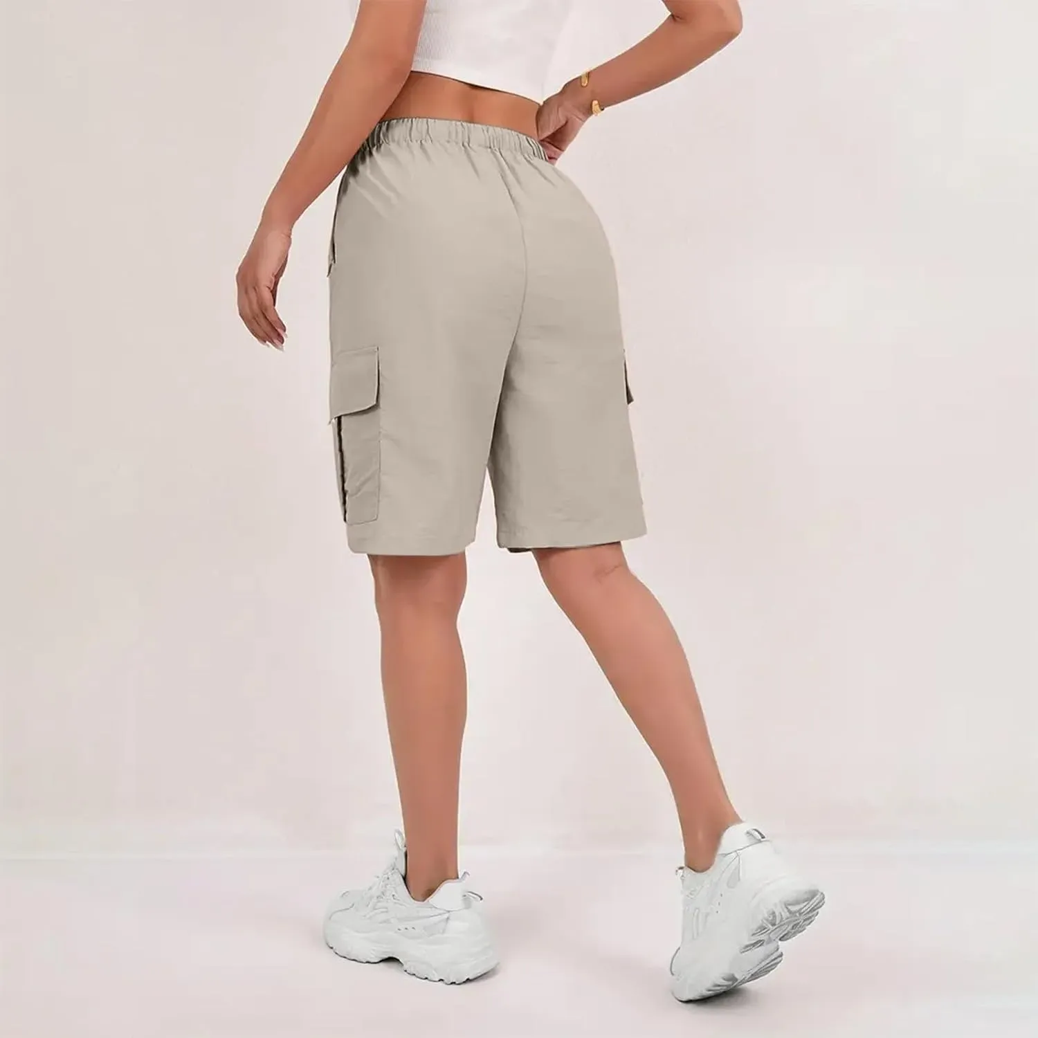 Cargo Shorts for Women Knee Length Elastic High Waisted Bermuda Shorts Casual Drawstring Quick Dry Hiking Short w/Pockets