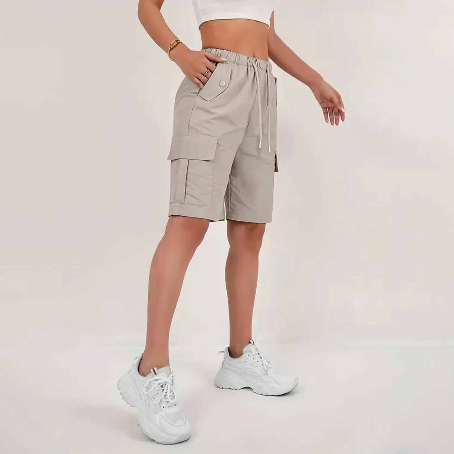 Cargo Shorts for Women Knee Length Elastic High Waisted Bermuda Shorts Casual Drawstring Quick Dry Hiking Short w/Pockets