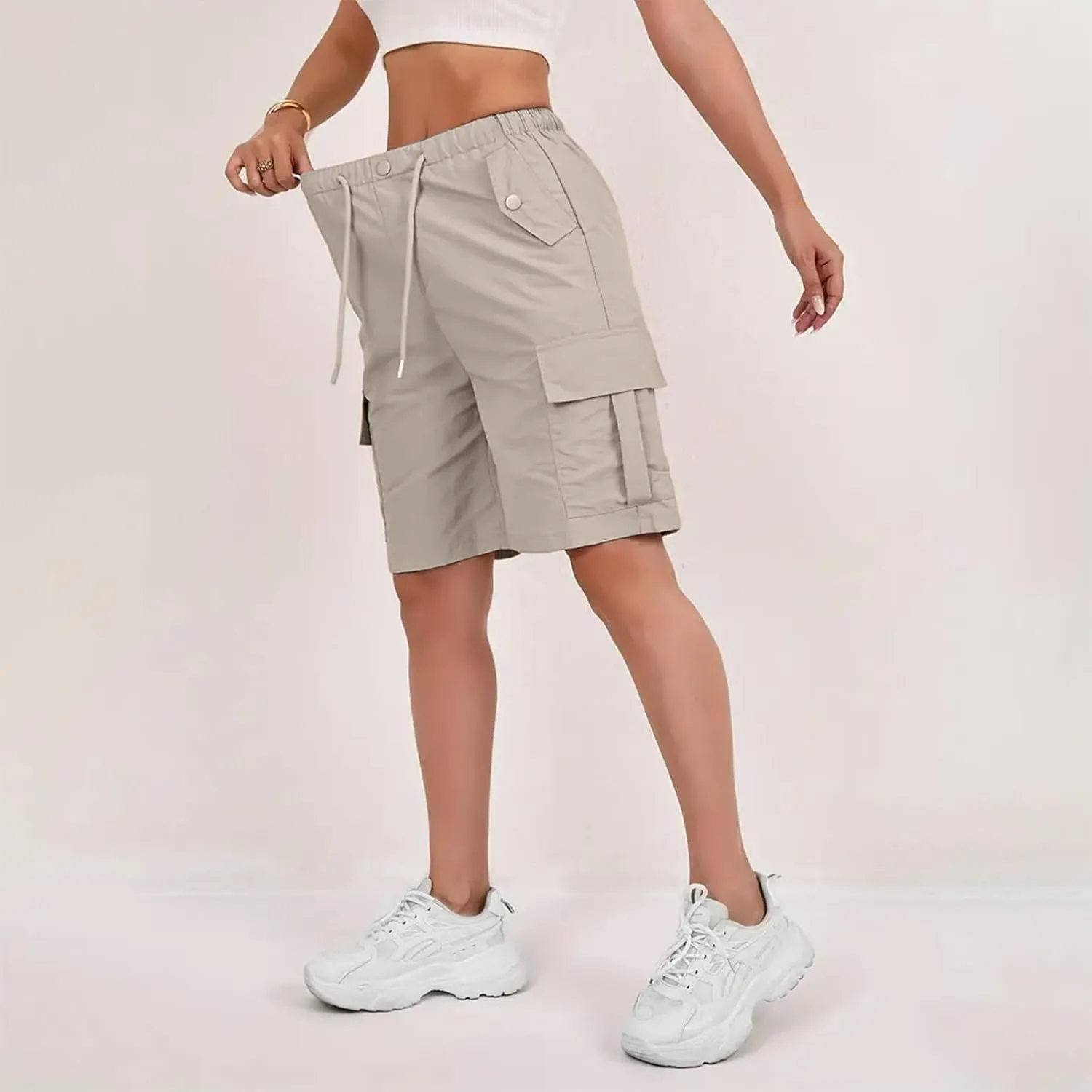 Cargo Shorts for Women Knee Length Elastic High Waisted Bermuda Shorts Casual Drawstring Quick Dry Hiking Short w/Pockets