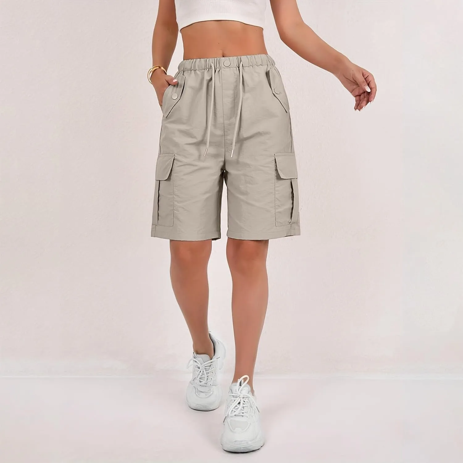 Cargo Shorts for Women Knee Length Elastic High Waisted Bermuda Shorts Casual Drawstring Quick Dry Hiking Short w/Pockets