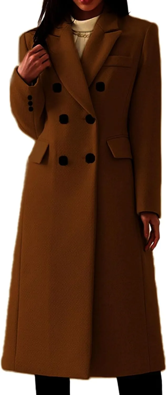 CHARTOU Women Winter Notched Collar Mid Long Trench Coat Wool Jacket Warm Double Breasted Pea Coat Overcoat
