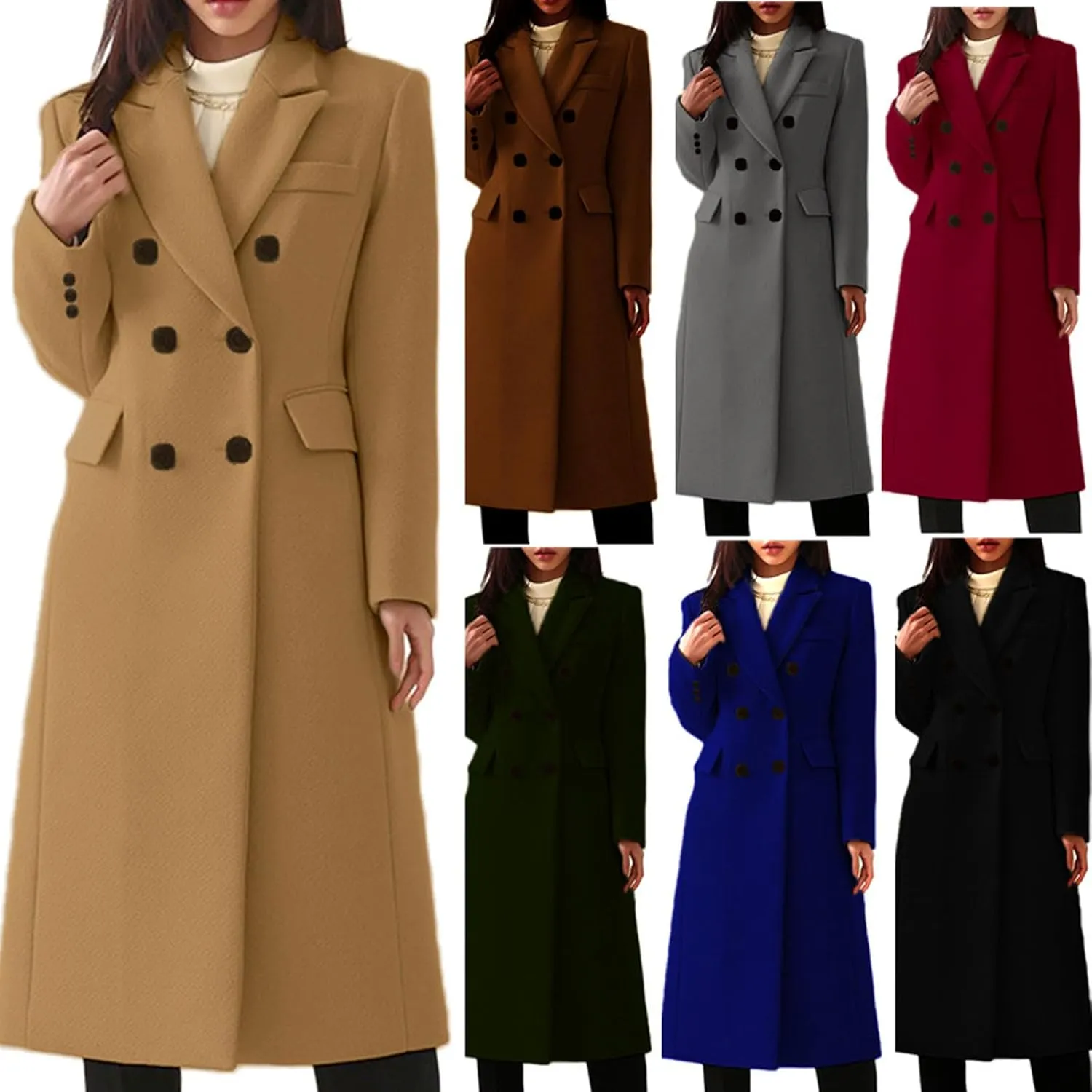 CHARTOU Women Winter Notched Collar Mid Long Trench Coat Wool Jacket Warm Double Breasted Pea Coat Overcoat