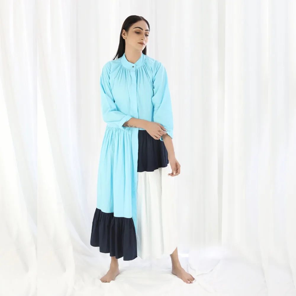 Colour Block Women Maxi Tier Dress | Hand Crafted | Cotton | Cyan Navy White