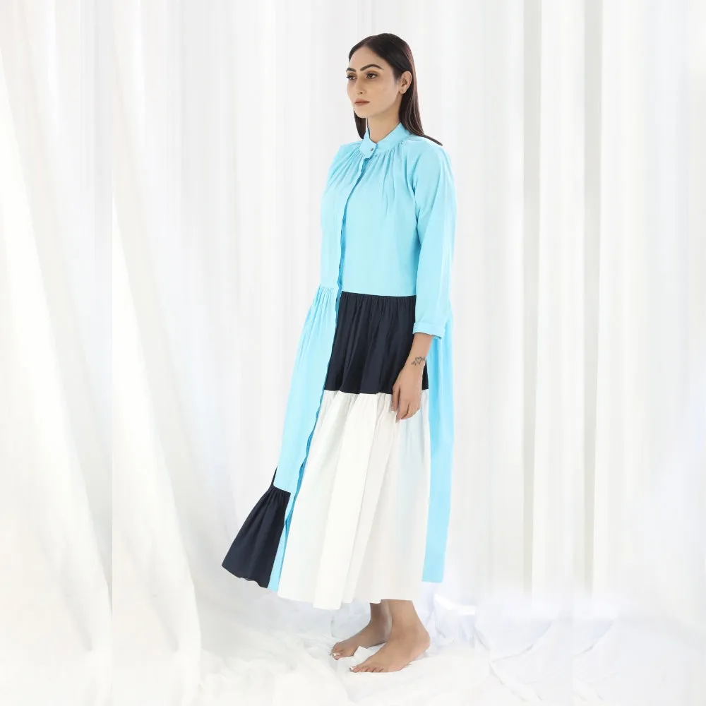 Colour Block Women Maxi Tier Dress | Hand Crafted | Cotton | Cyan Navy White