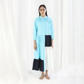 Colour Block Women Maxi Tier Dress | Hand Crafted | Cotton | Cyan Navy White
