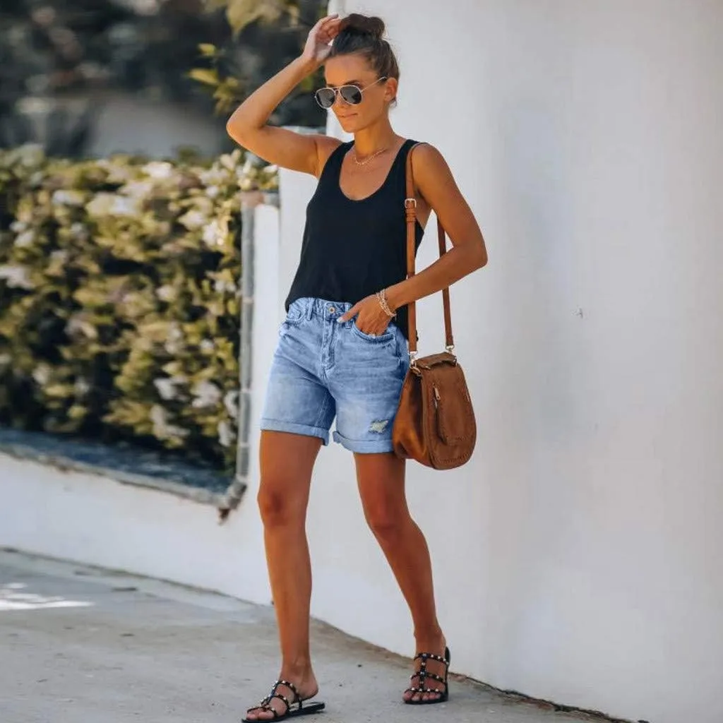 Denim Shorts Women 2025 Summer Trendy Raw Hem Jean Short High Waisted Distressed Ripped Shorts Jeans with Pockets