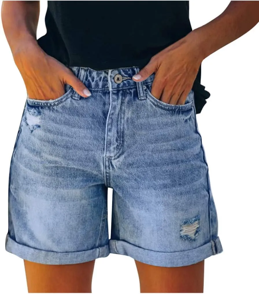 Denim Shorts Women 2025 Summer Trendy Raw Hem Jean Short High Waisted Distressed Ripped Shorts Jeans with Pockets