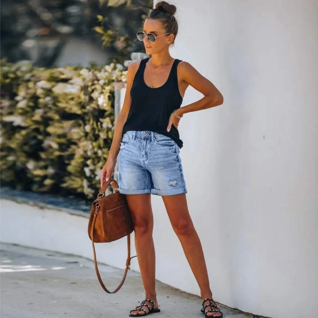 Denim Shorts Women 2025 Summer Trendy Raw Hem Jean Short High Waisted Distressed Ripped Shorts Jeans with Pockets