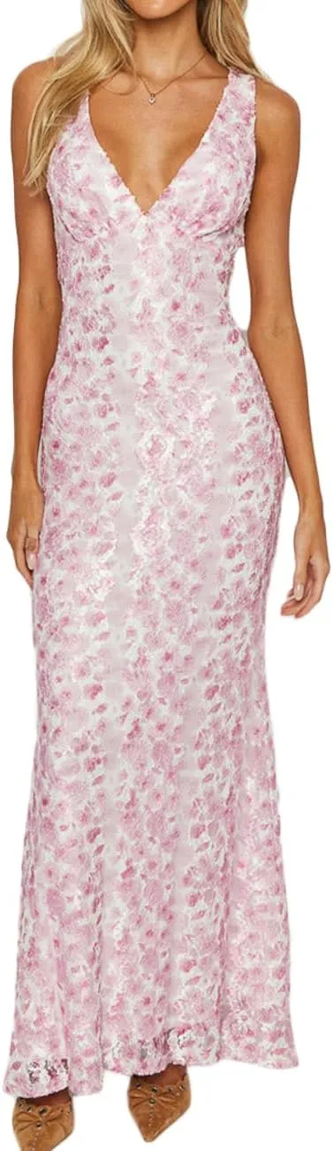 Elegant Lace Floral V Neck Backless Bodycon Dresses for Women Sexy Cut Out Low Back Sleeveless Maxi Dress Wedding Guest