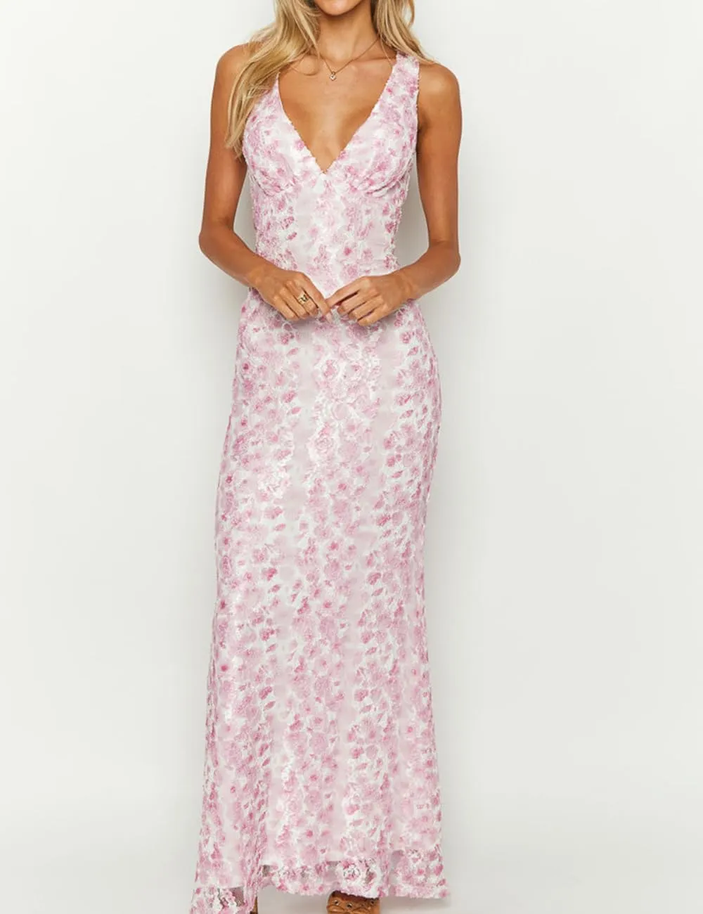 Elegant Lace Floral V Neck Backless Bodycon Dresses for Women Sexy Cut Out Low Back Sleeveless Maxi Dress Wedding Guest