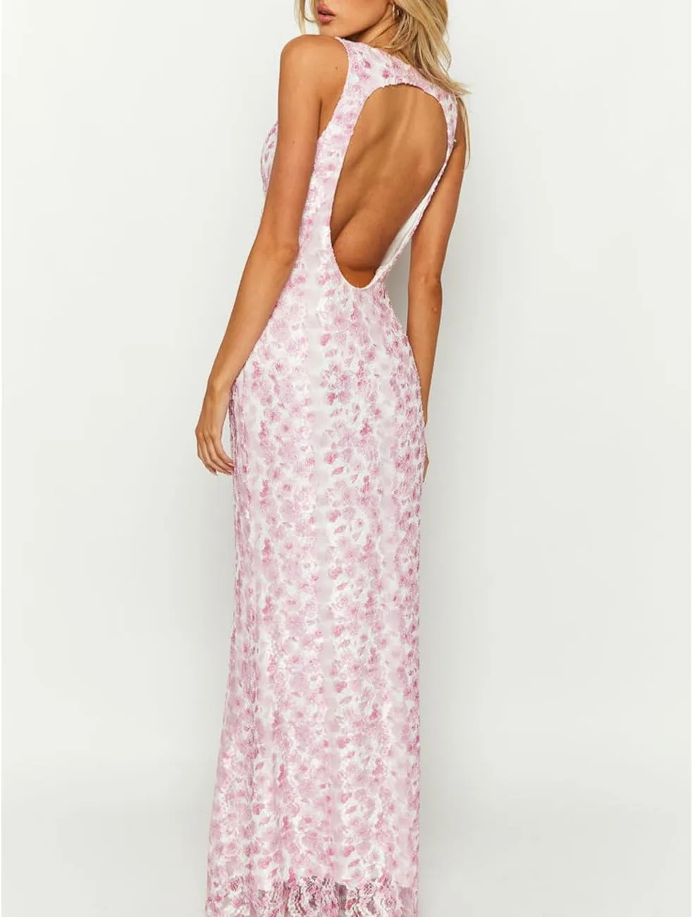 Elegant Lace Floral V Neck Backless Bodycon Dresses for Women Sexy Cut Out Low Back Sleeveless Maxi Dress Wedding Guest