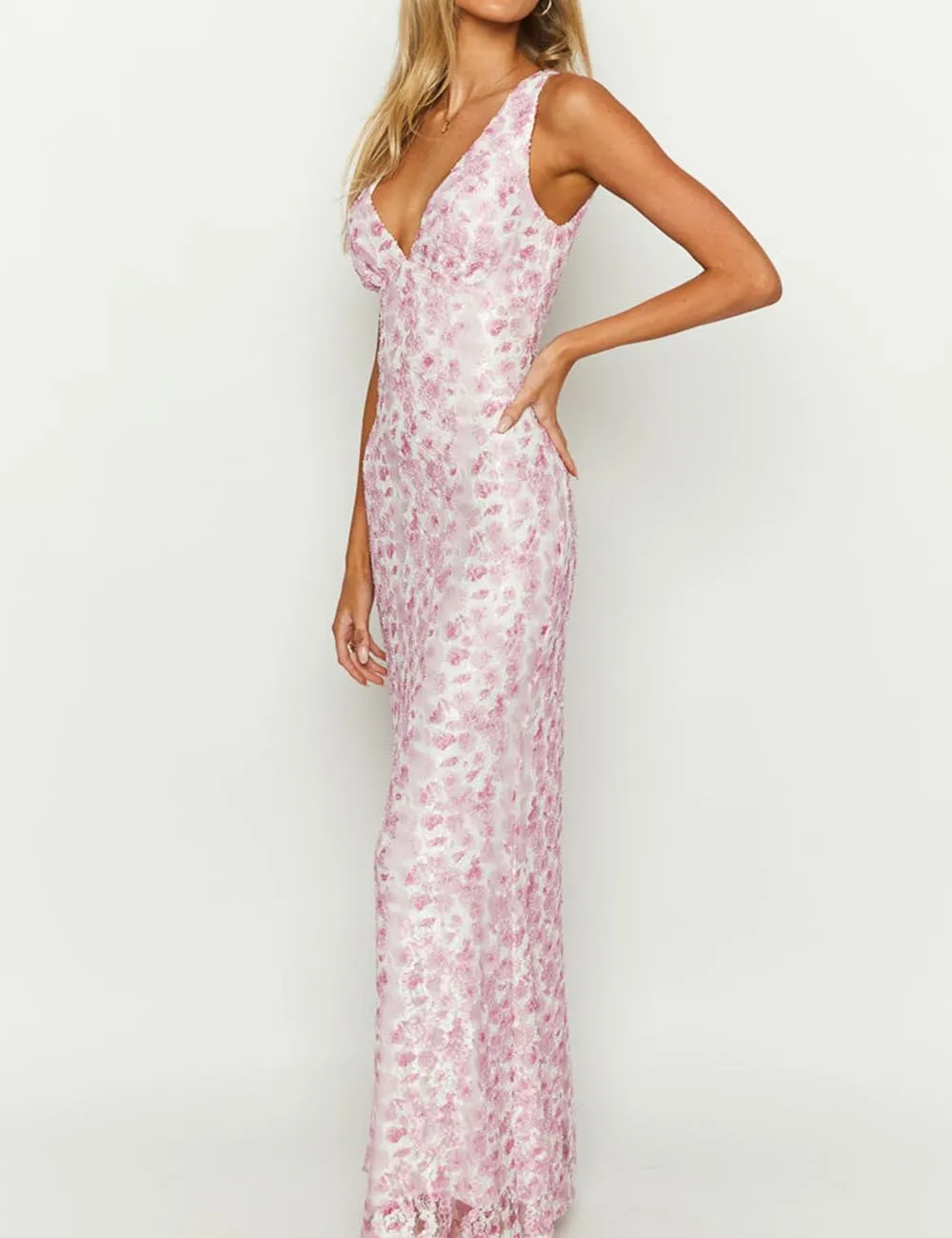 Elegant Lace Floral V Neck Backless Bodycon Dresses for Women Sexy Cut Out Low Back Sleeveless Maxi Dress Wedding Guest