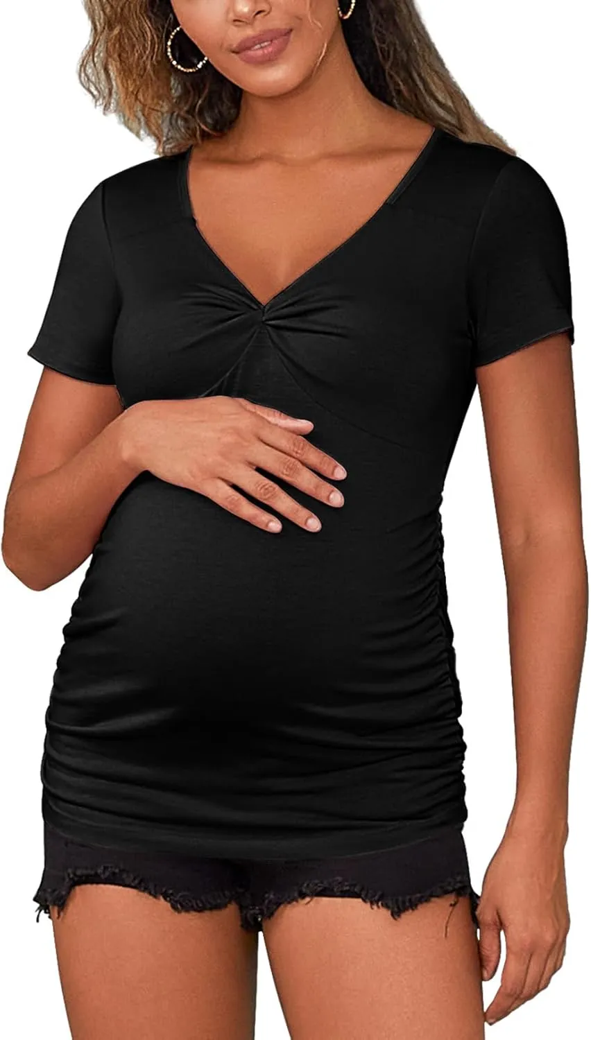 GINKANA Women Short Sleeve Maternity Shirts Tops Ruched Sides Casual Pregnancy Tees Tunics Blouses Summer Maternity Clothes