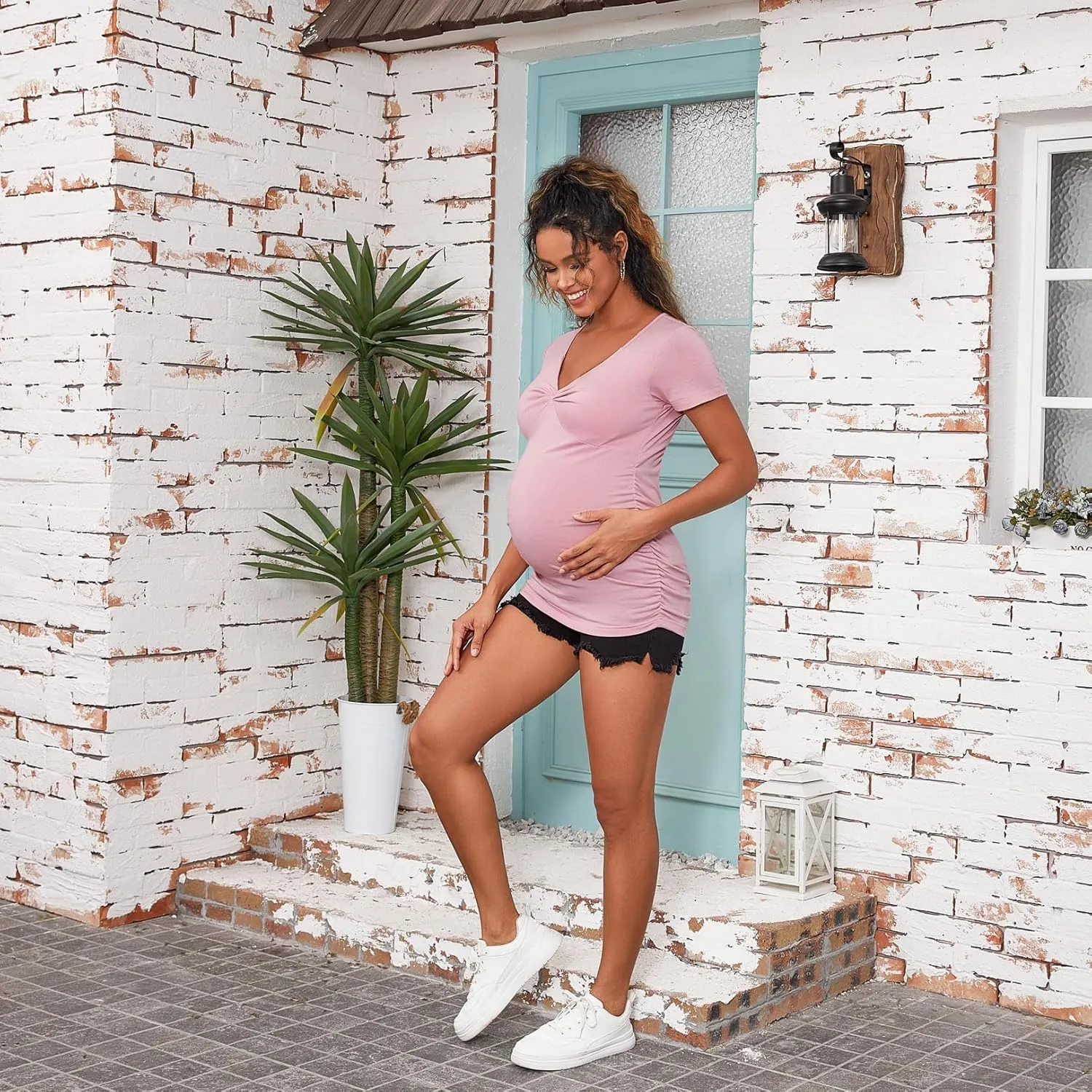GINKANA Women Short Sleeve Maternity Shirts Tops Ruched Sides Casual Pregnancy Tees Tunics Blouses Summer Maternity Clothes