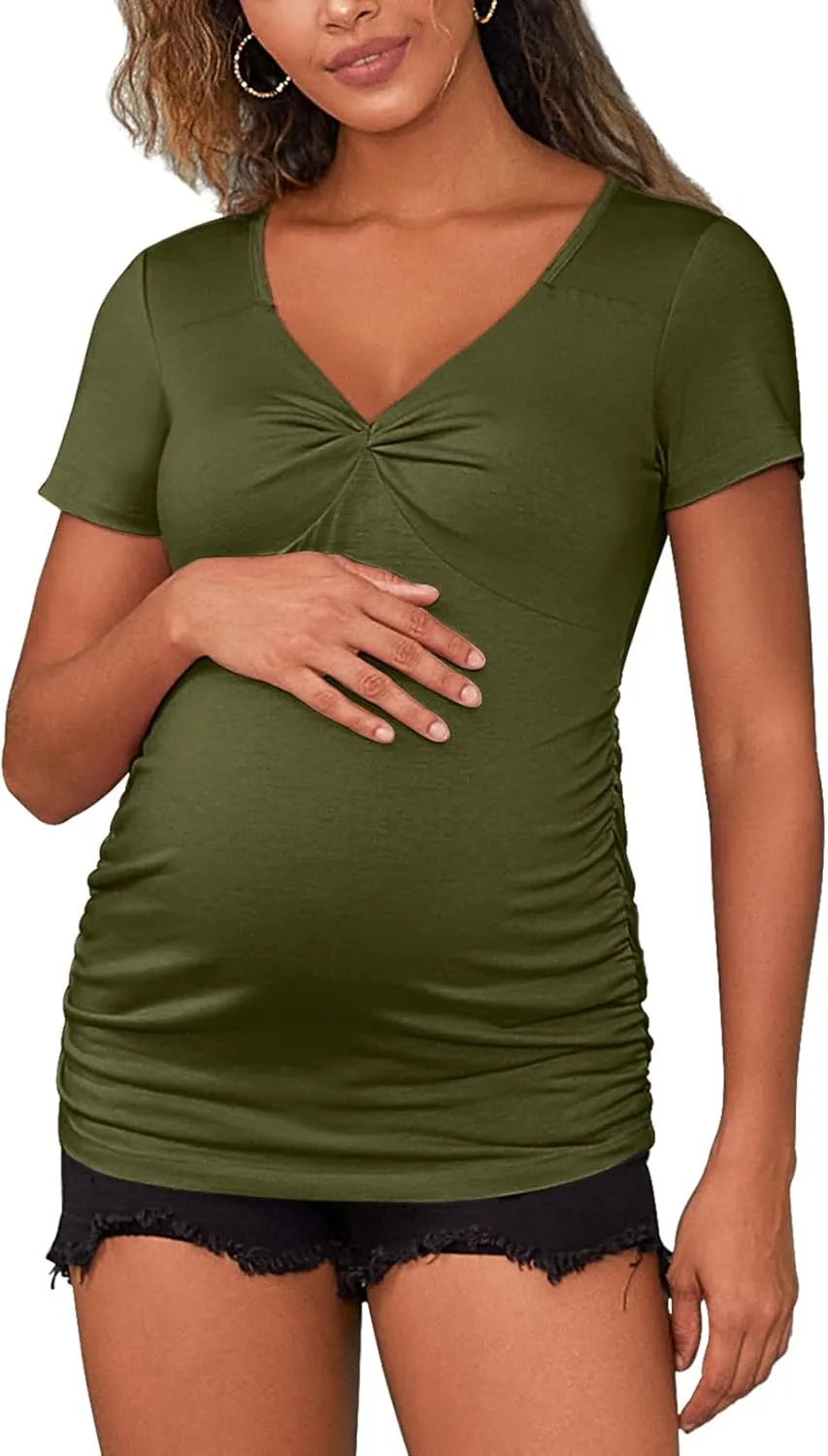 GINKANA Women Short Sleeve Maternity Shirts Tops Ruched Sides Casual Pregnancy Tees Tunics Blouses Summer Maternity Clothes
