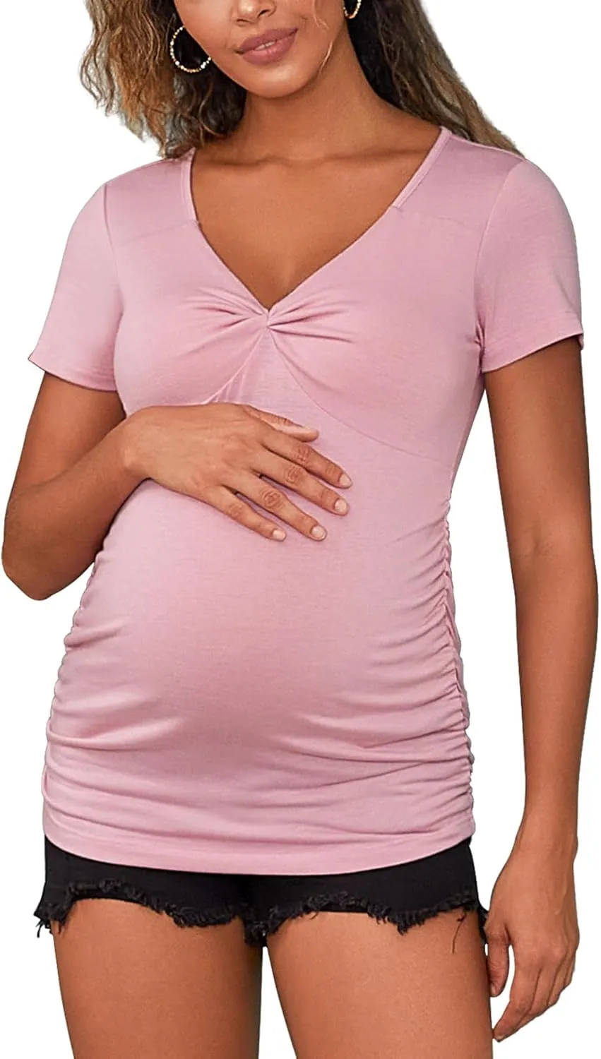 GINKANA Women Short Sleeve Maternity Shirts Tops Ruched Sides Casual Pregnancy Tees Tunics Blouses Summer Maternity Clothes