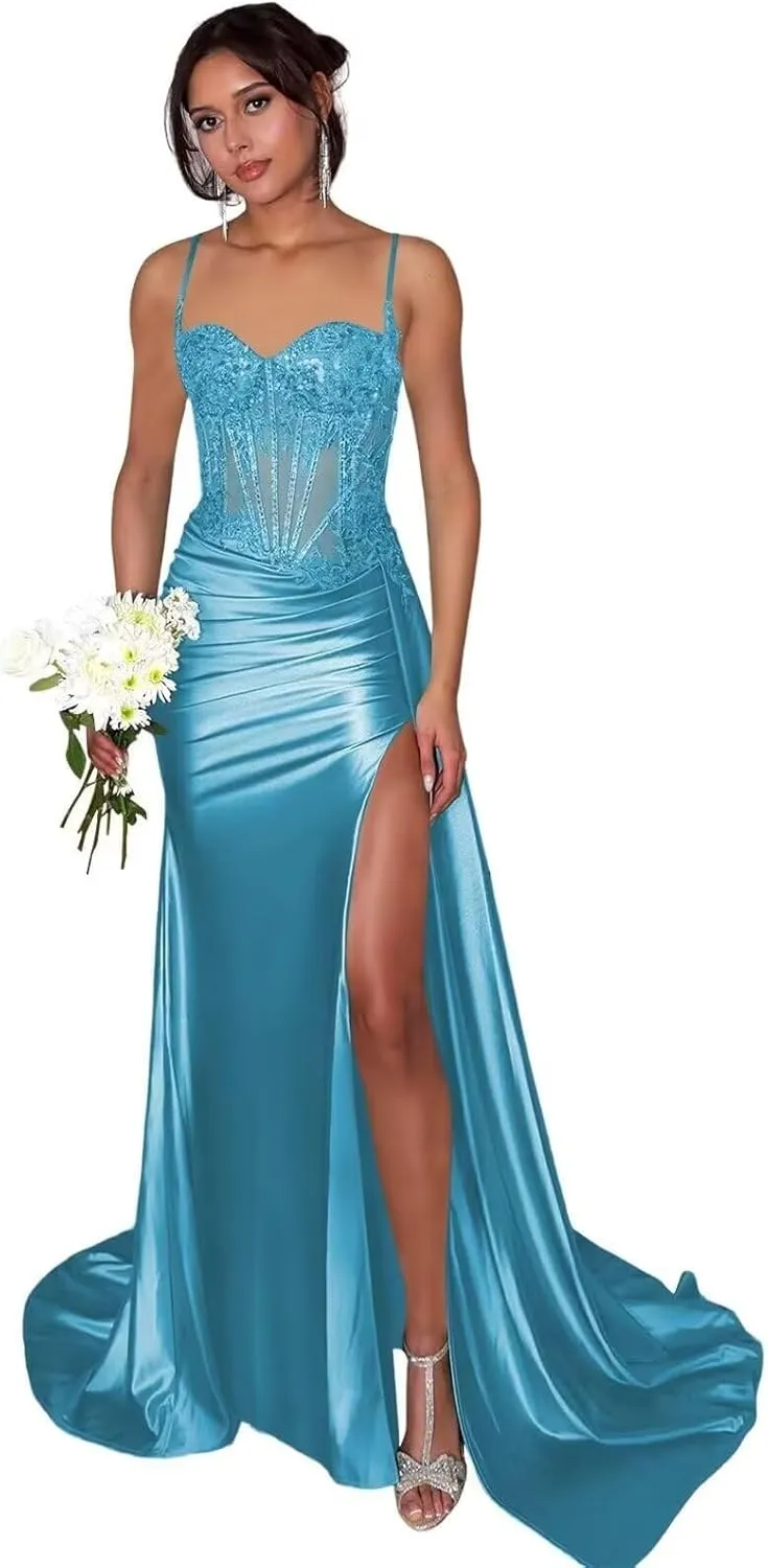Lace Satin Prom Dresses for Women 2025 Long Mermaid Spaghetti Straps Corset Formal Evening Party Dress with Slit