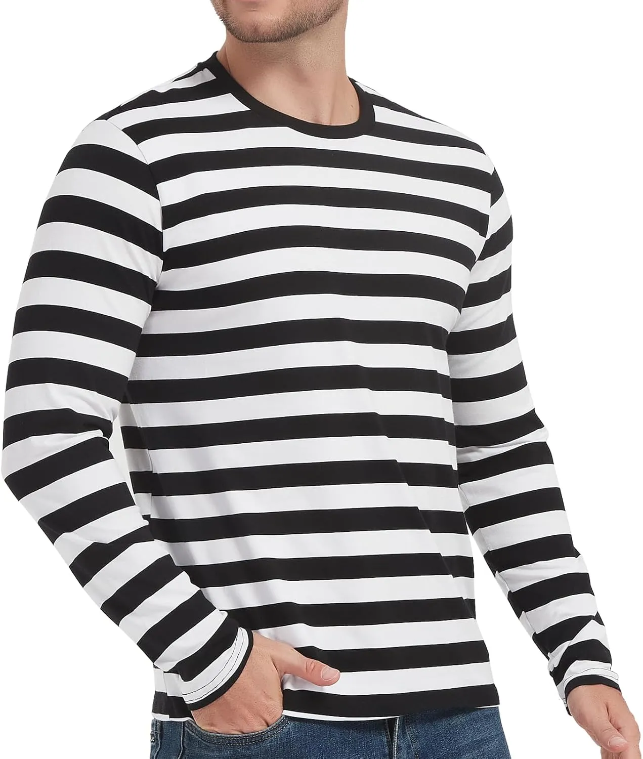 LEDING Mens Shirts Striped Cotton Spandex Crewneck Long Sleeve Black White Soft Elastic Cotton Basic Stripe tee Shirt