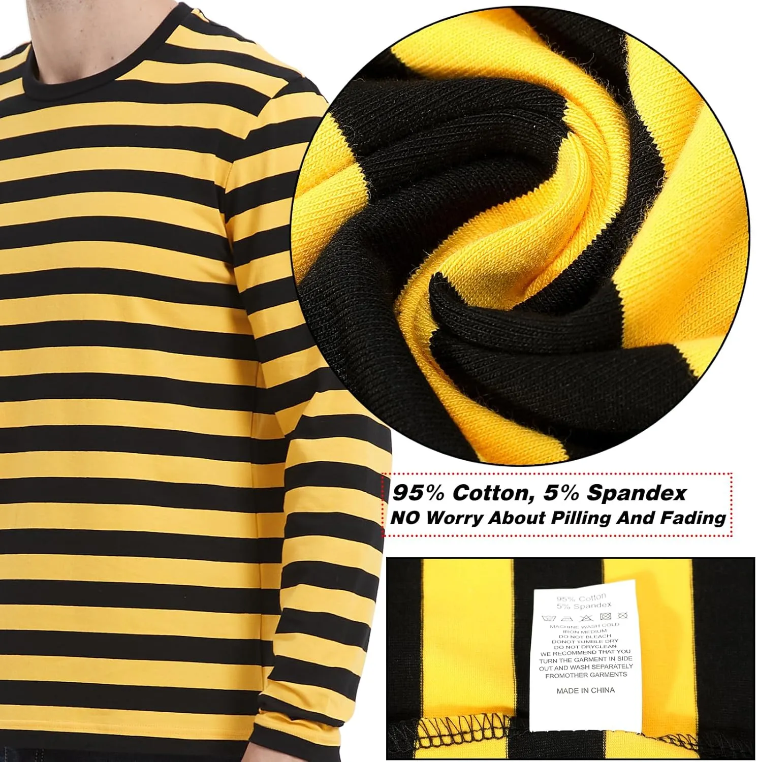LEDING Mens Shirts Striped Cotton Spandex Crewneck Long Sleeve Black White Soft Elastic Cotton Basic Stripe tee Shirt
