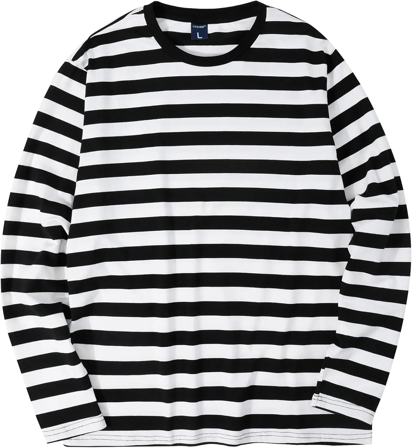 LEDING Mens Shirts Striped Cotton Spandex Crewneck Long Sleeve Black White Soft Elastic Cotton Basic Stripe tee Shirt