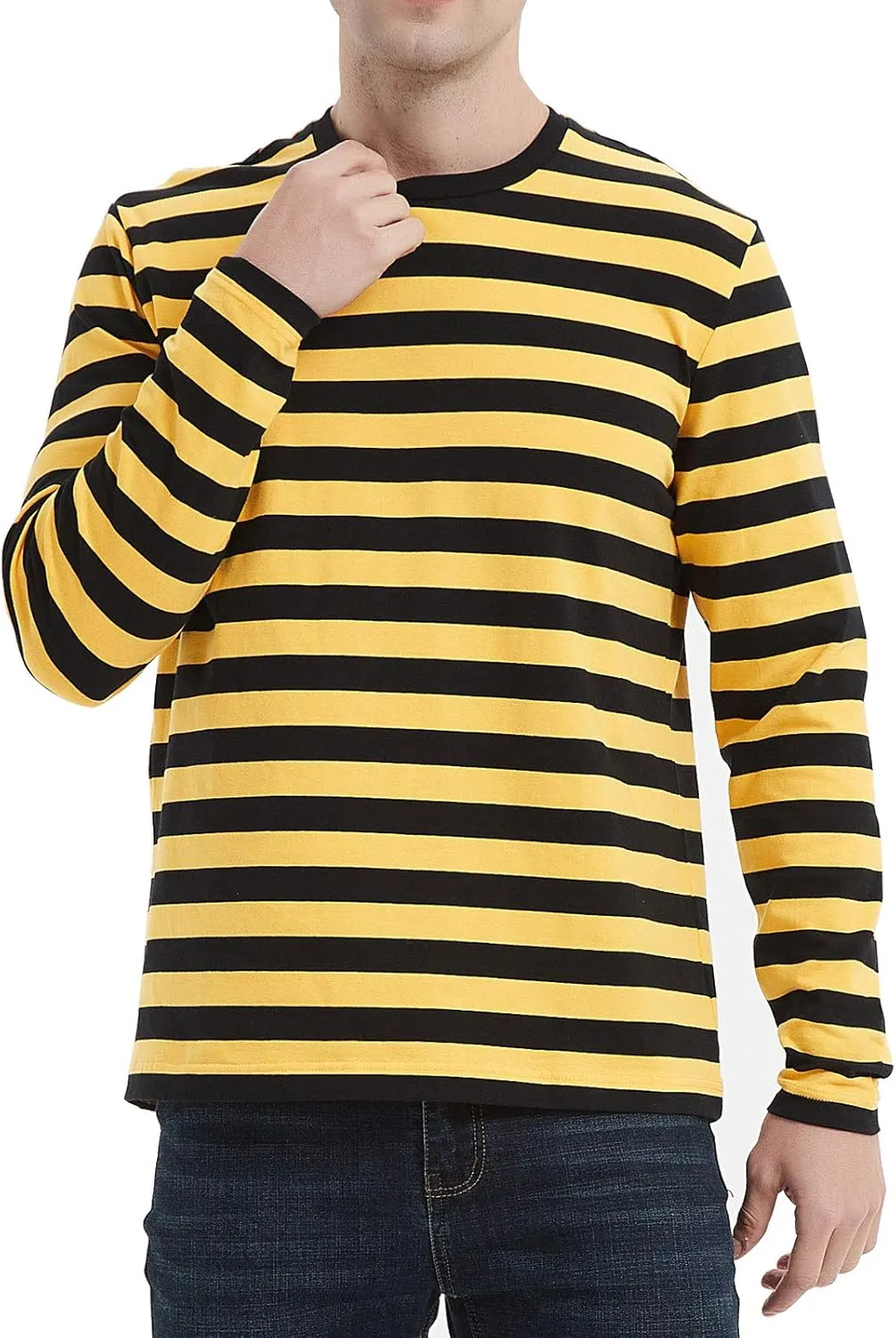 LEDING Mens Shirts Striped Cotton Spandex Crewneck Long Sleeve Black White Soft Elastic Cotton Basic Stripe tee Shirt