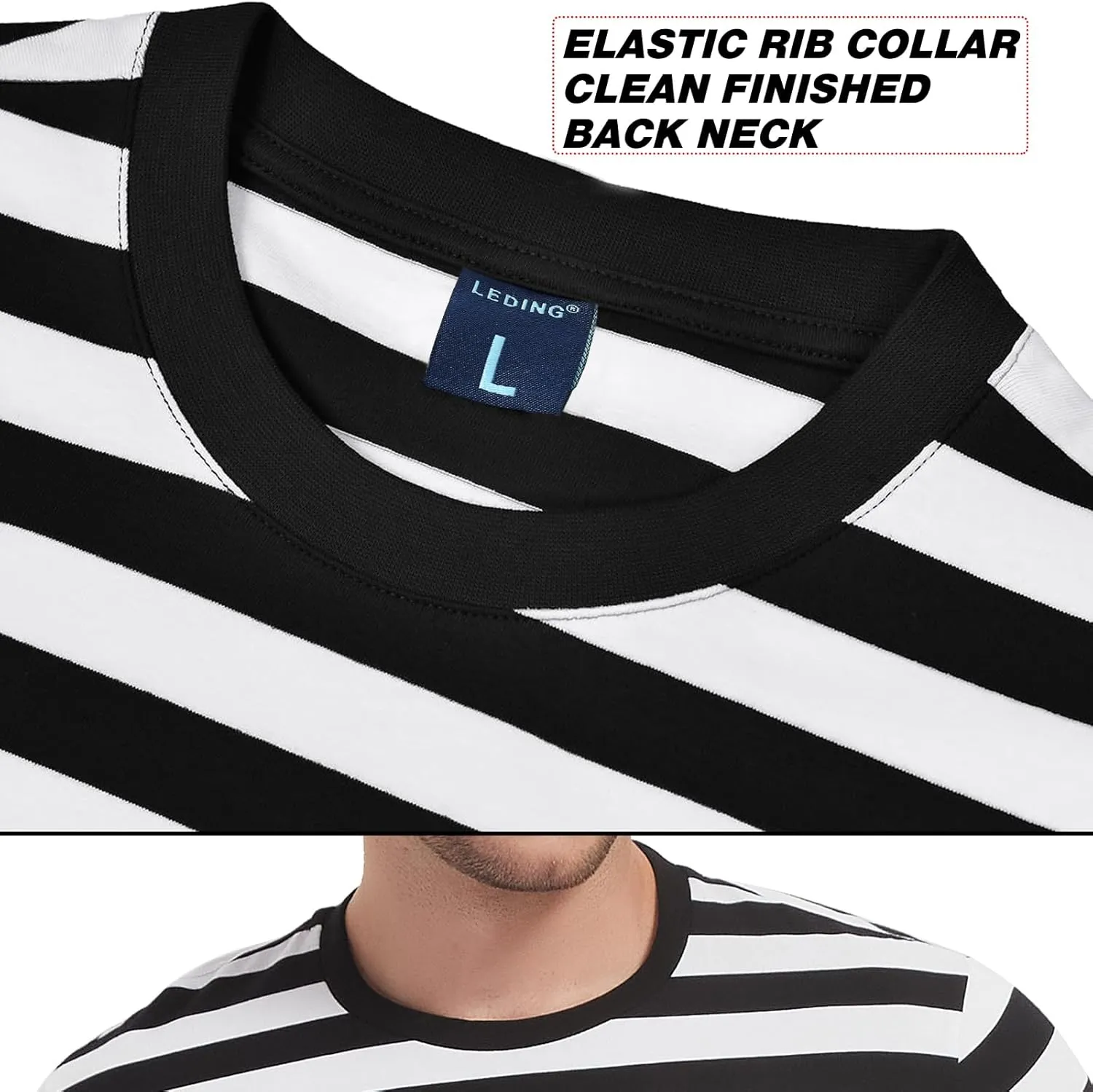 LEDING Mens Shirts Striped Cotton Spandex Crewneck Long Sleeve Black White Soft Elastic Cotton Basic Stripe tee Shirt
