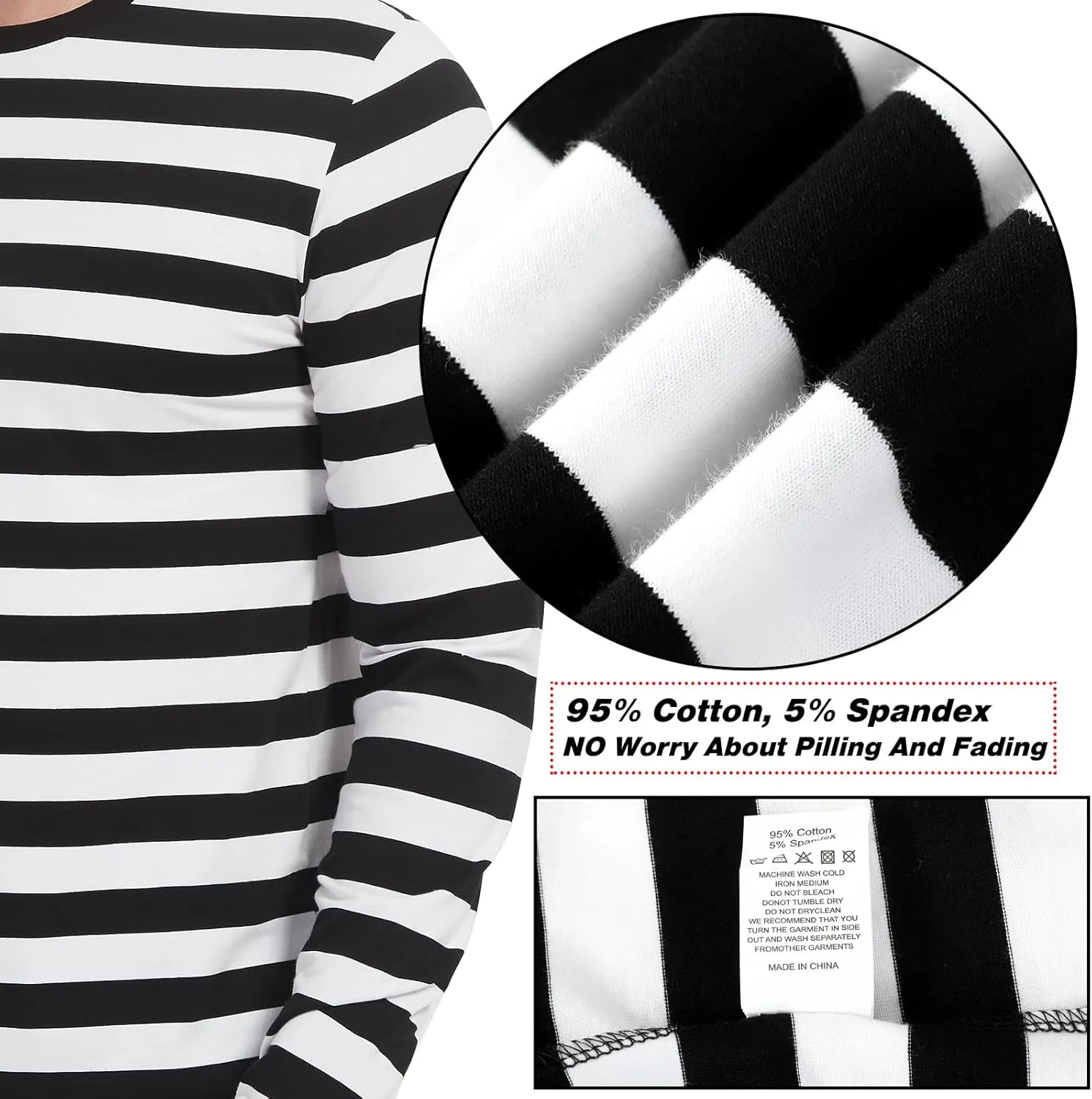 LEDING Mens Shirts Striped Cotton Spandex Crewneck Long Sleeve Black White Soft Elastic Cotton Basic Stripe tee Shirt
