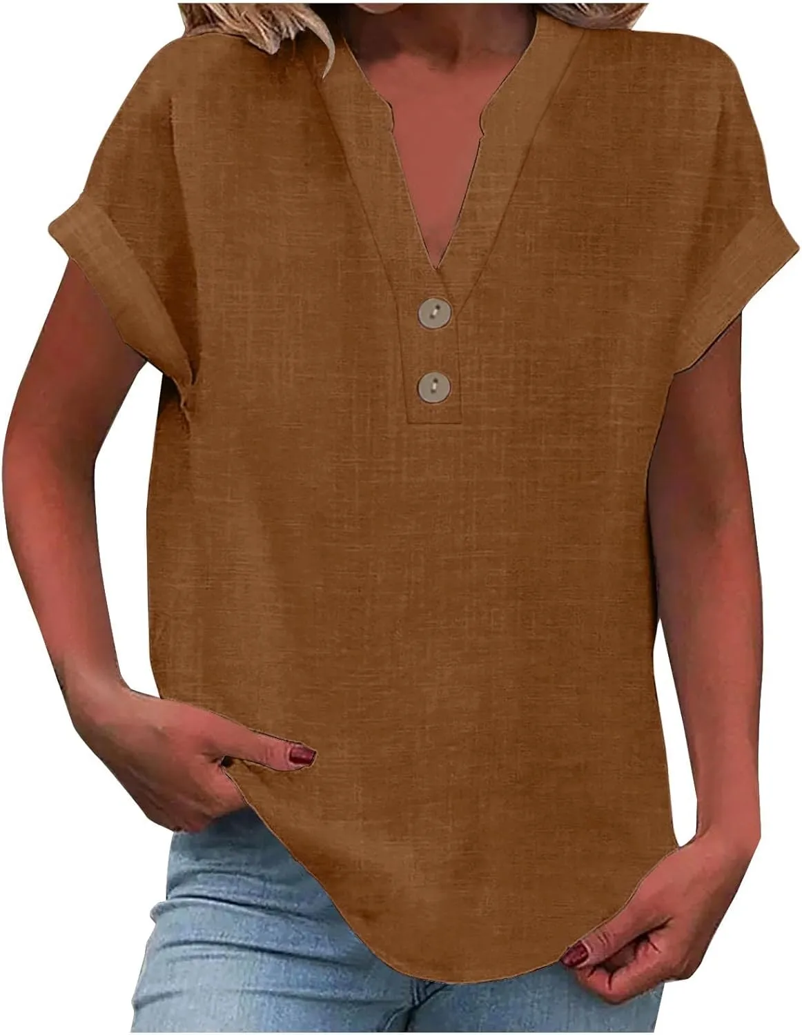 Linen Shirts for Women 2025 Summer Trendy Short Sleeve Button Tunic Blouses Lightweight Loose Casual V Neck Outfits Tops